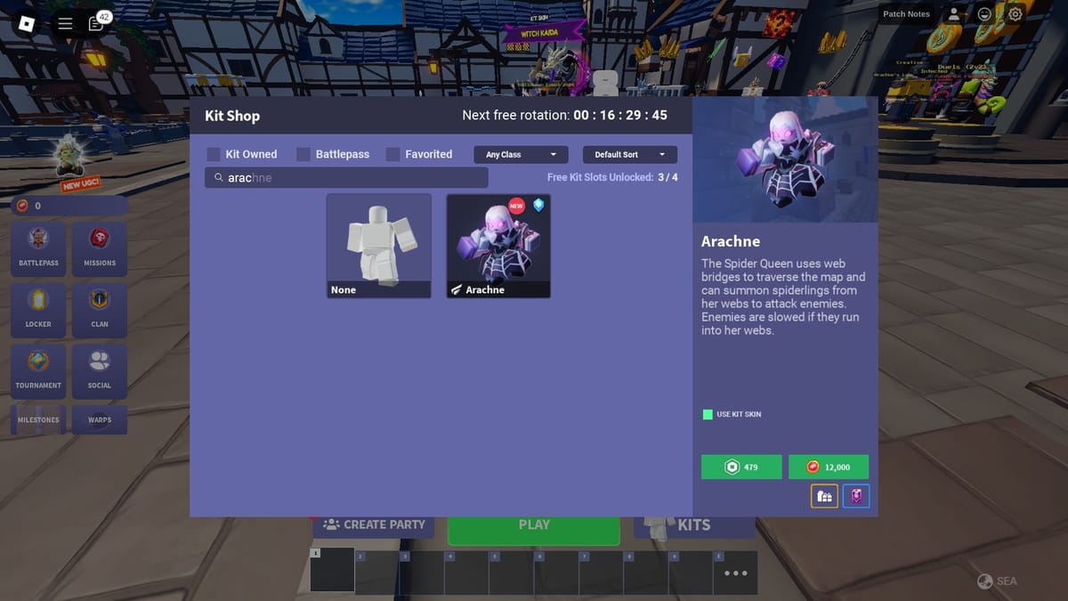 BedWars kit selection interface reference Older BedWars kit selection interface displaying the Arachne kit details