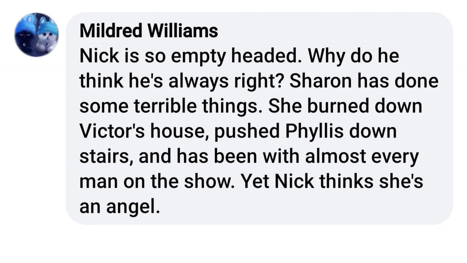 A fan comment on Nick Newman in the current soap storyline (via Young and Restless Canadian Day Ahead Recaps / Facebook)