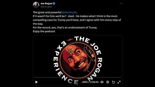 Rogan endorses Trump for the 2024 election. (Image via X/ joerogan)