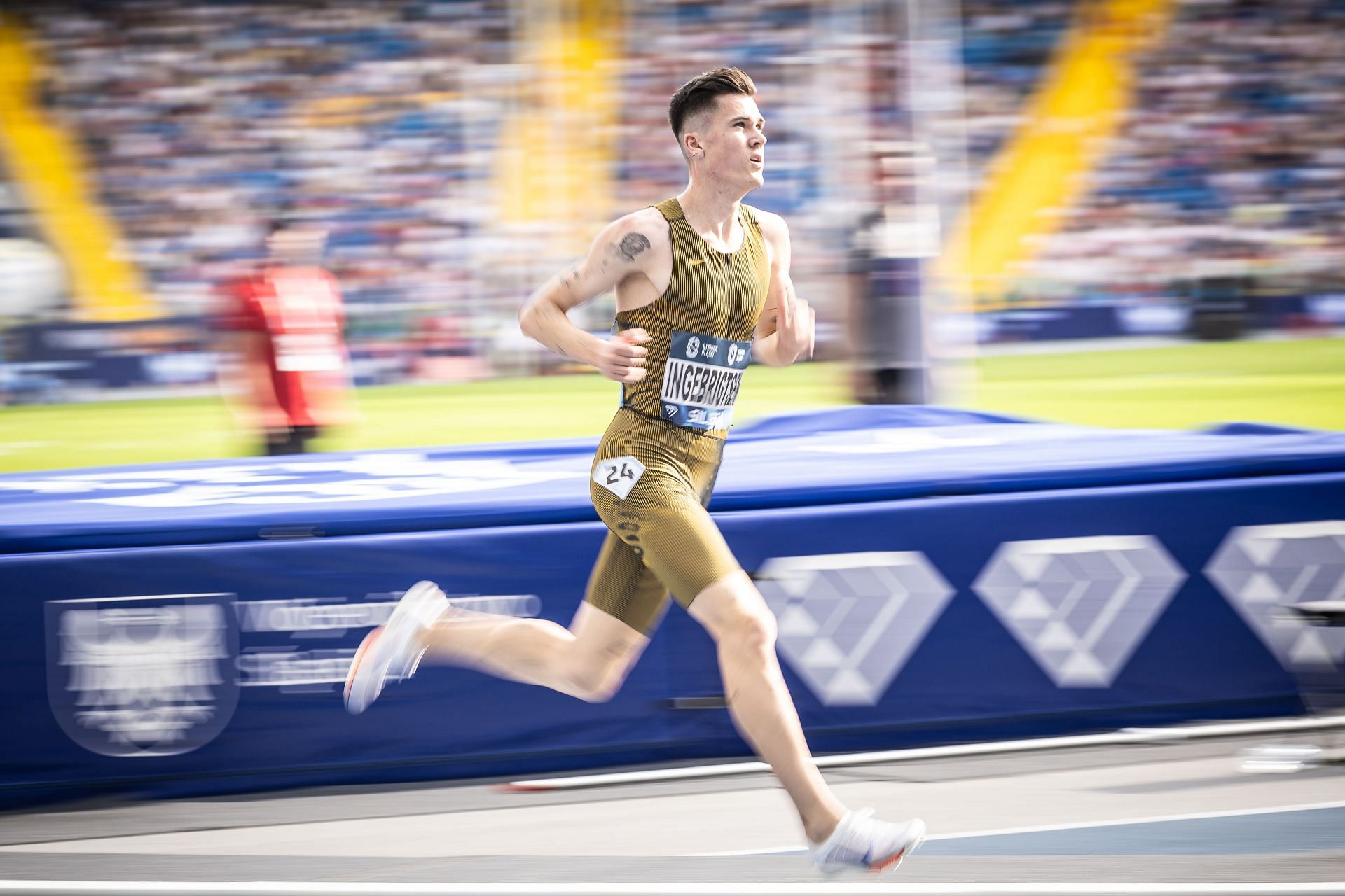 Jakob Ingebrigtsen running the 1500m at the Wanda Diamond League meeting in Chorzow 