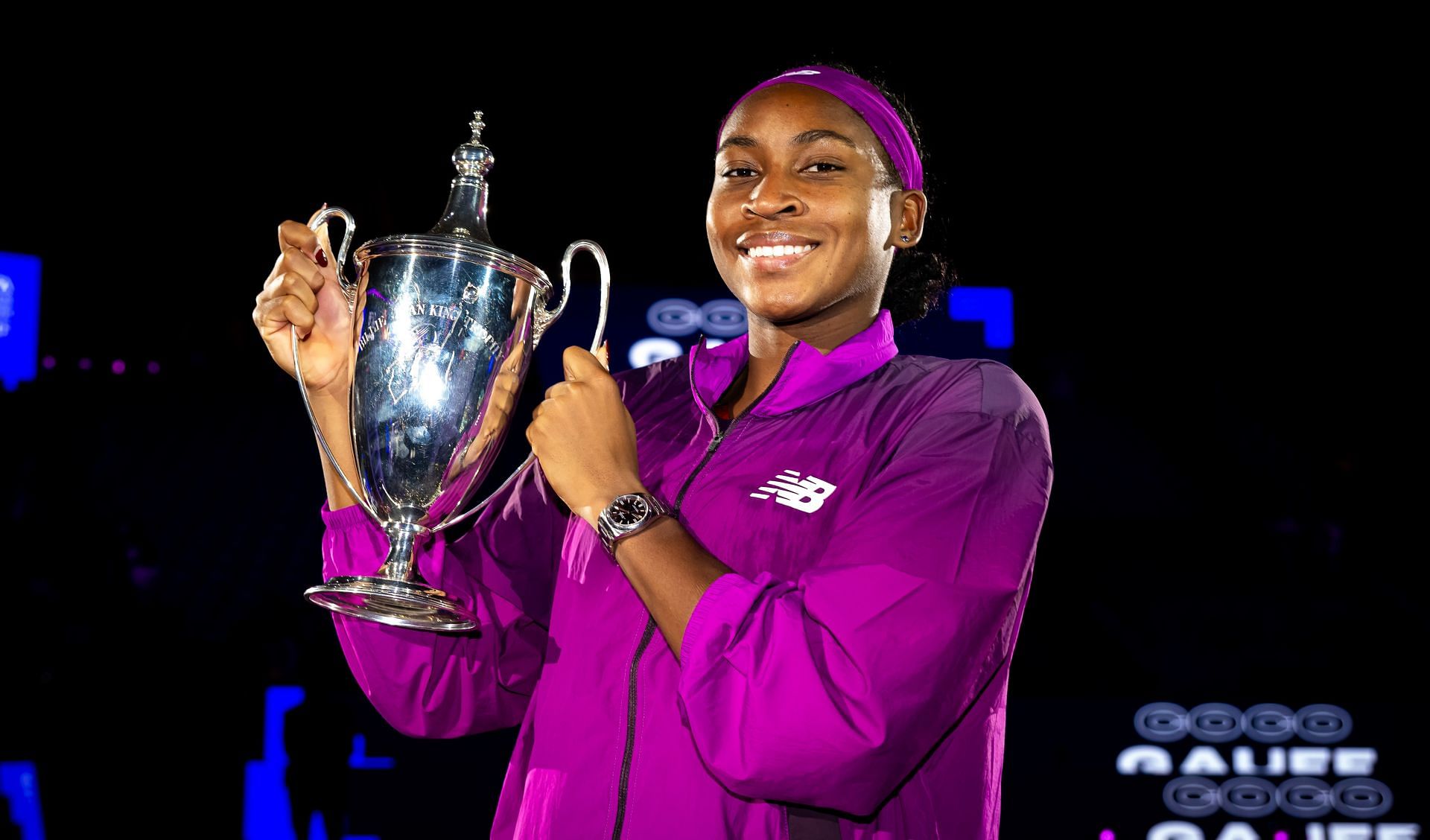 Coco Gauff with the WTA Finals trophy (Source: Getty)