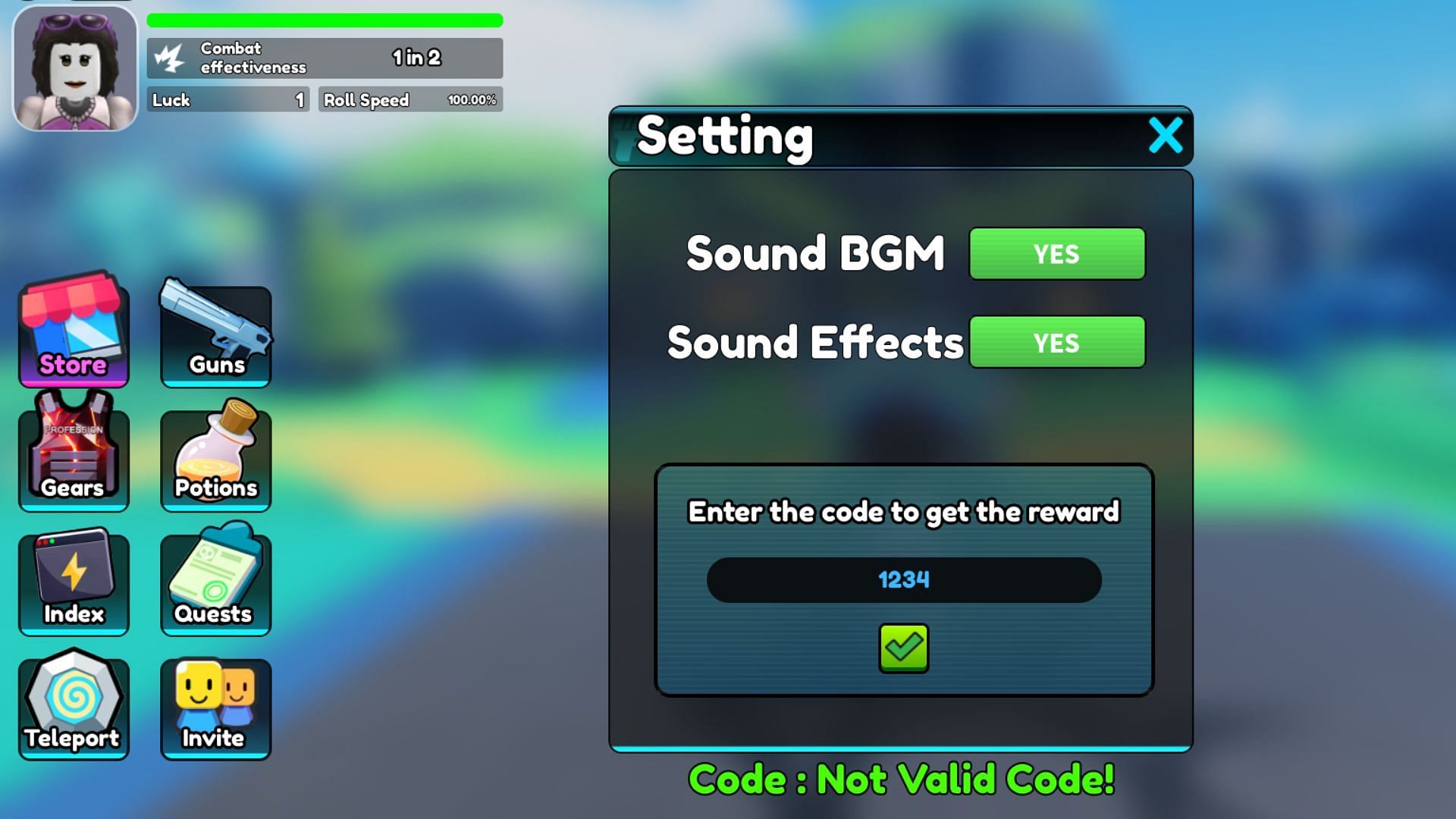 Guns RNG invalid code issue (Image via Roblox)