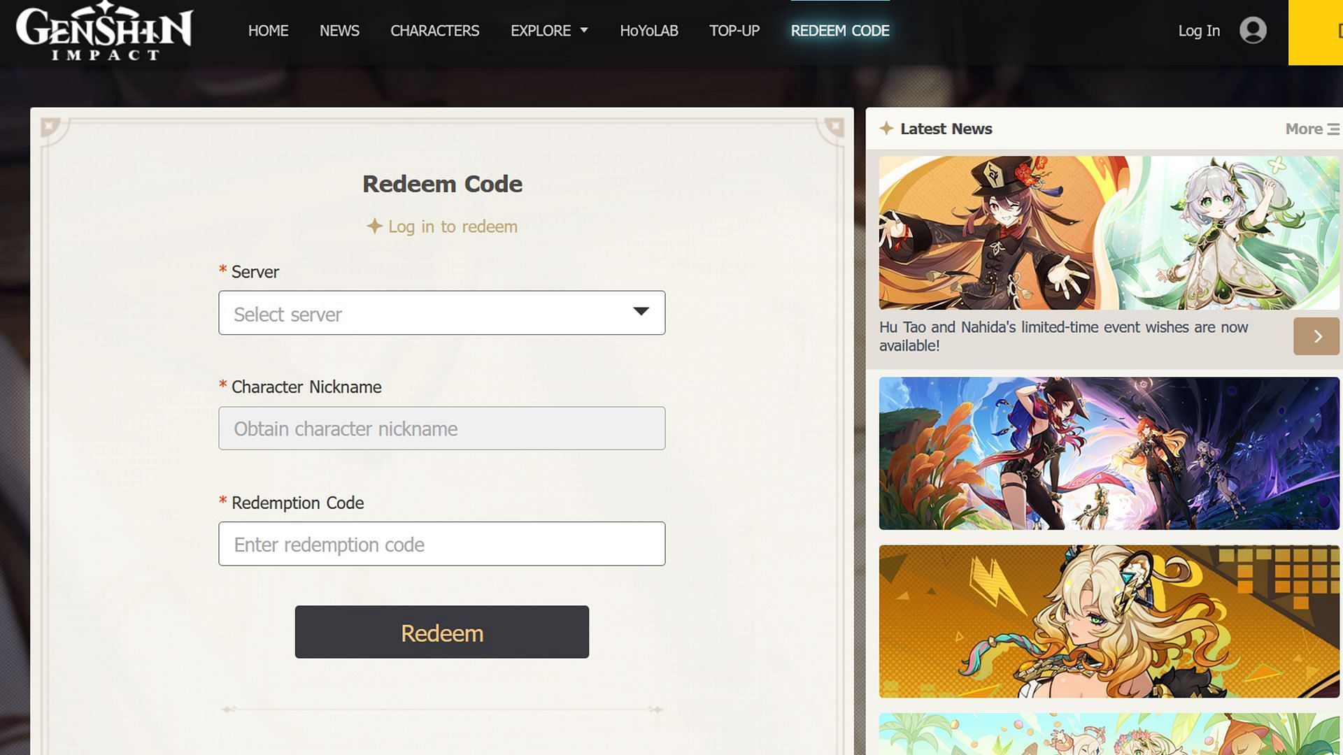 Redeem the codes from the Genshin Impact website (Image via HoYoverse)