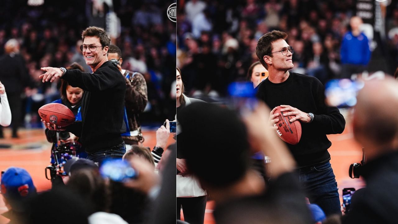 Fans react to Tom Brady throwing signed footballs at MSG during the Knicks-Nets game on Friday. [photo: @nyknicks/IG, @nyknicks/X]