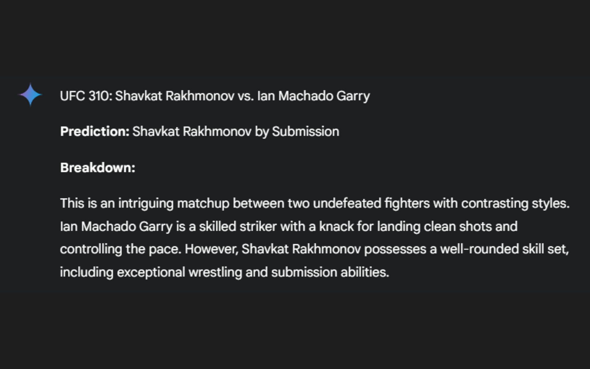 Screenshot of Google AI&#039;s prediction for Shavkat Rakhmonov vs. Ian Machado Garry