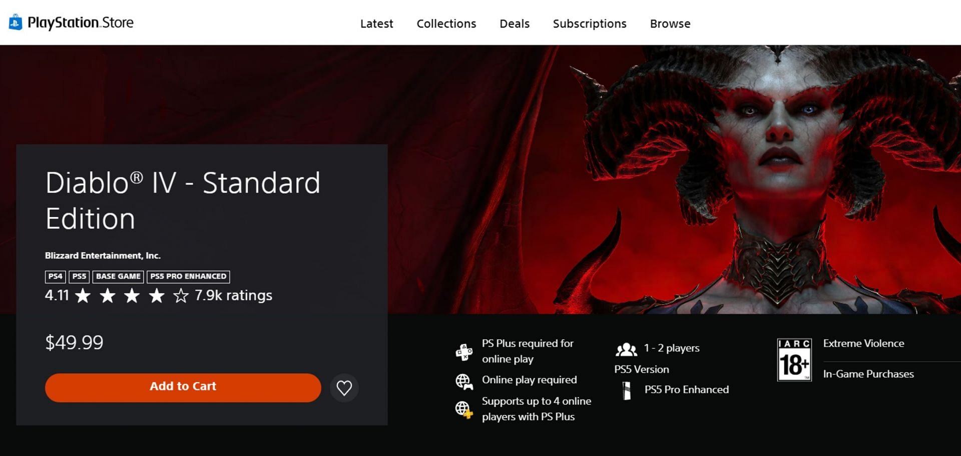 The PSN Store page of Diablo 4 with the &quot;PS5 Pro Enhanced&quot; tag (Image via PlayStation)