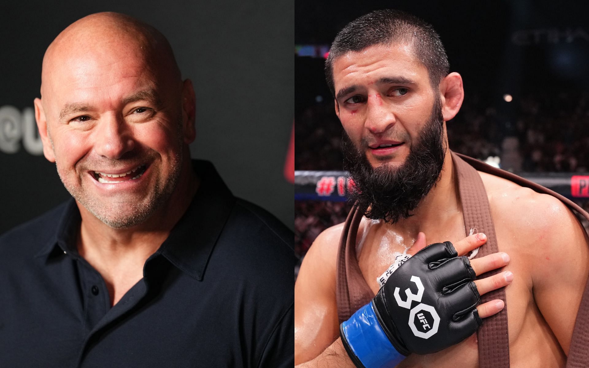 Khamzat Chimaev (right) talks congratulating Dana White (left) after 2024 elections. [Image courtesy: Getty Images] 