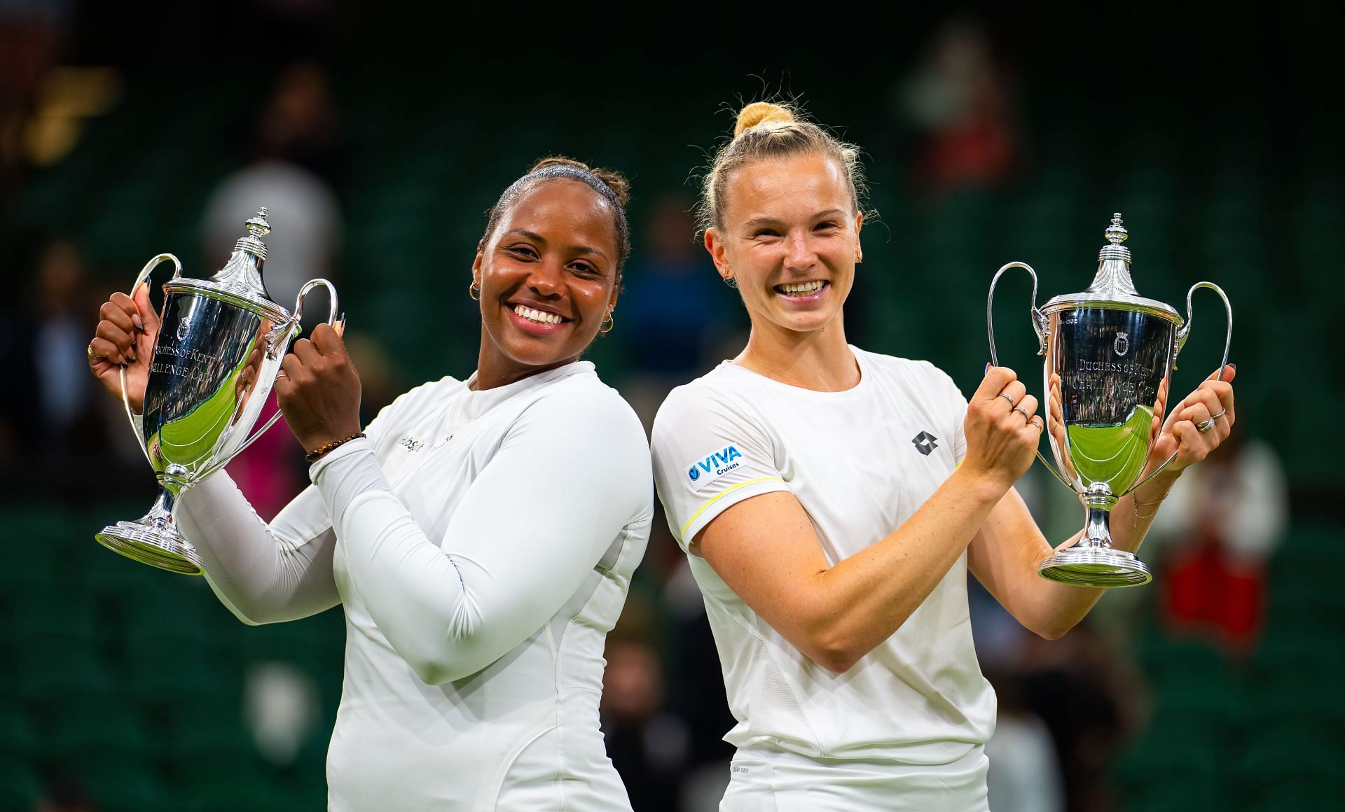 Taylor Townsend &amp; Katerina Siniakova with their Wimbledon trophy in 2024 [Source: Getty]