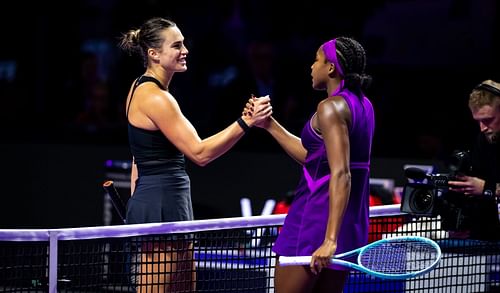 Aryna Sabalenka (L) and Coco Gauff (R) after their semifinal match at the 2024 WTA Finals (Source: Getty)