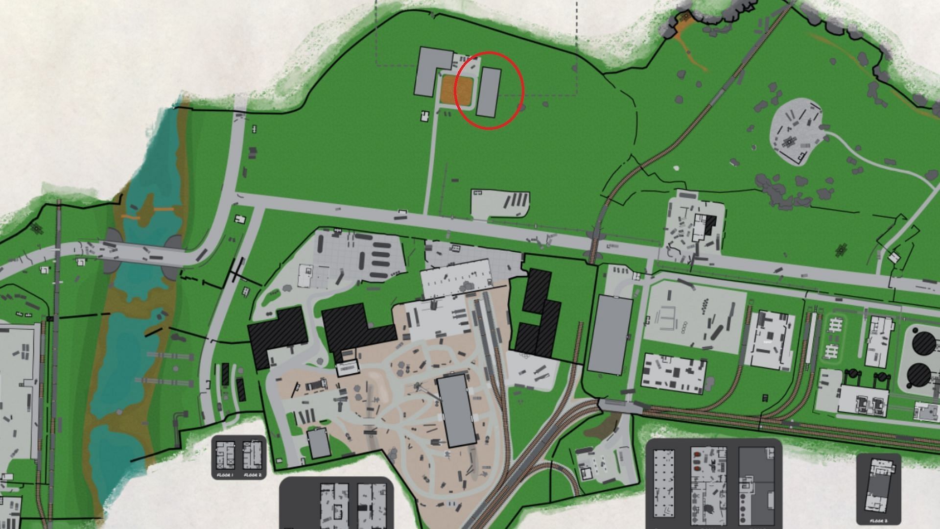 Location of the two-story dorm in Customs (Image via Battlestate Games || Map Genie)