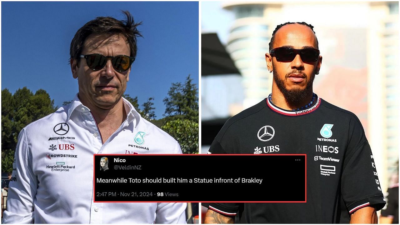 In Picture: Toto Wolff and Lewis Hamilton (from Left). Credit: Getty Images. Fan reaction by x.com/VeldinNZ