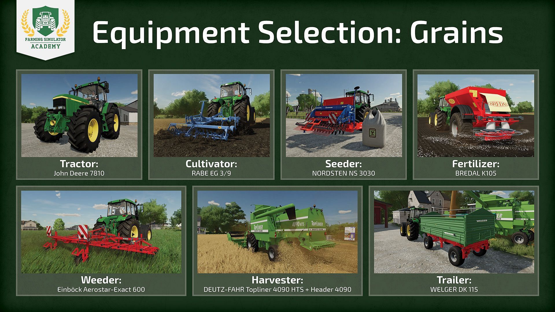 Recomended equipment for growing and harvesting grains in Farming Simulator 25 (Image via Giants Software)