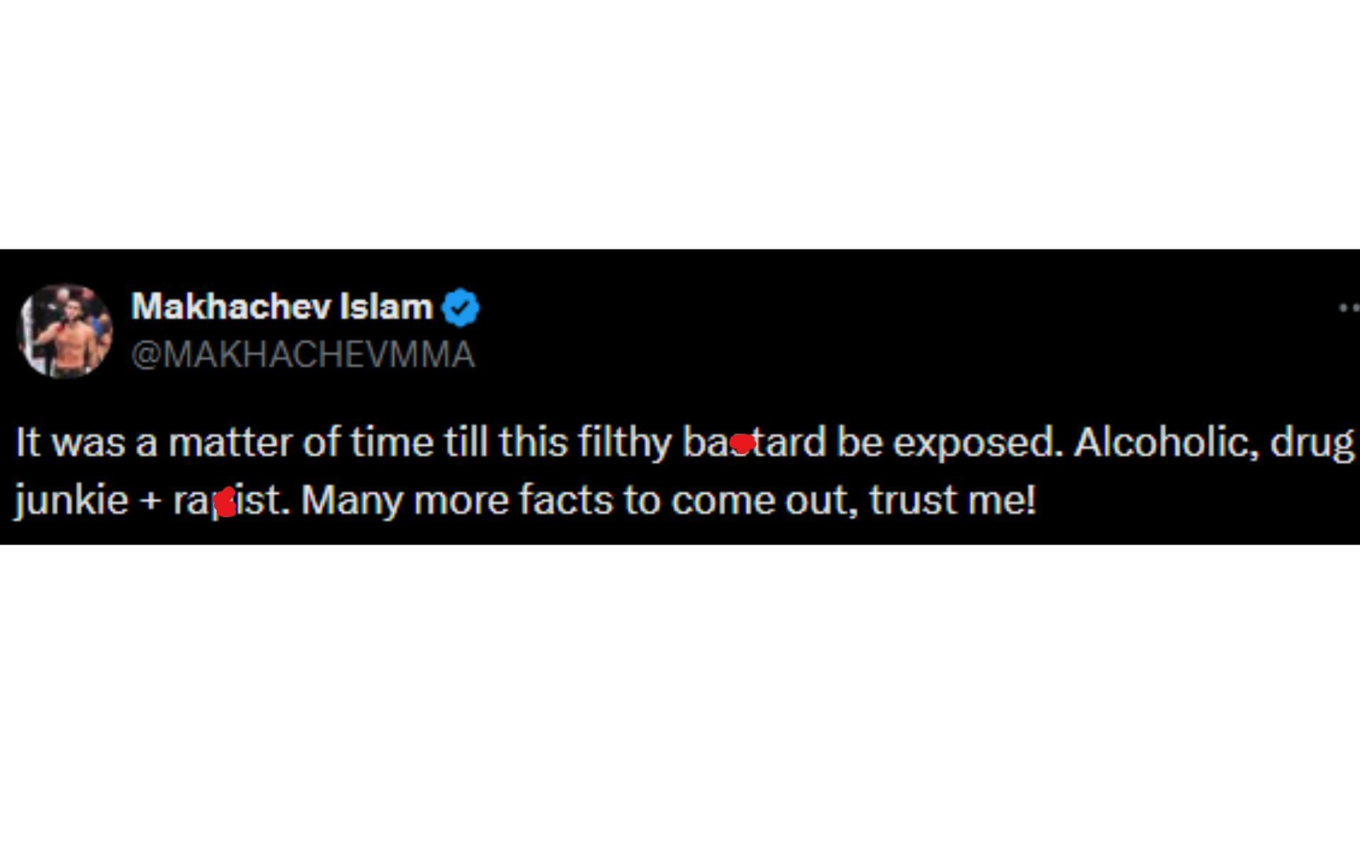 Islam Makhachev&#039;s post regarding Conor McGregor being found liable [Image courtesy: @MAKHACHEVMMA - X]