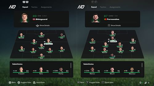 Arsenal vs Manchester United: Default Starting XI comparison (Image via EA Sports)