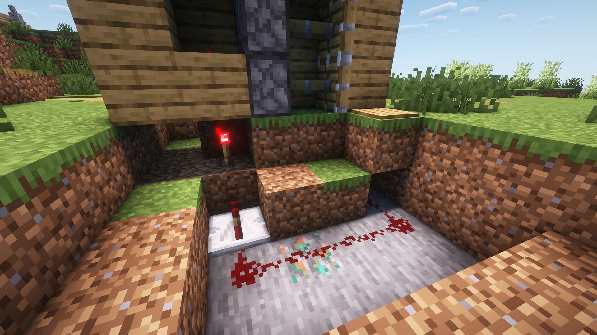 Redstone connection from pistons to the pressure plate (Image via Mojang Studios)