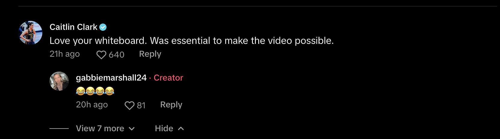 Caitlin Clark&#039;s comment on Gabbie Marshall&#039;s TikTok