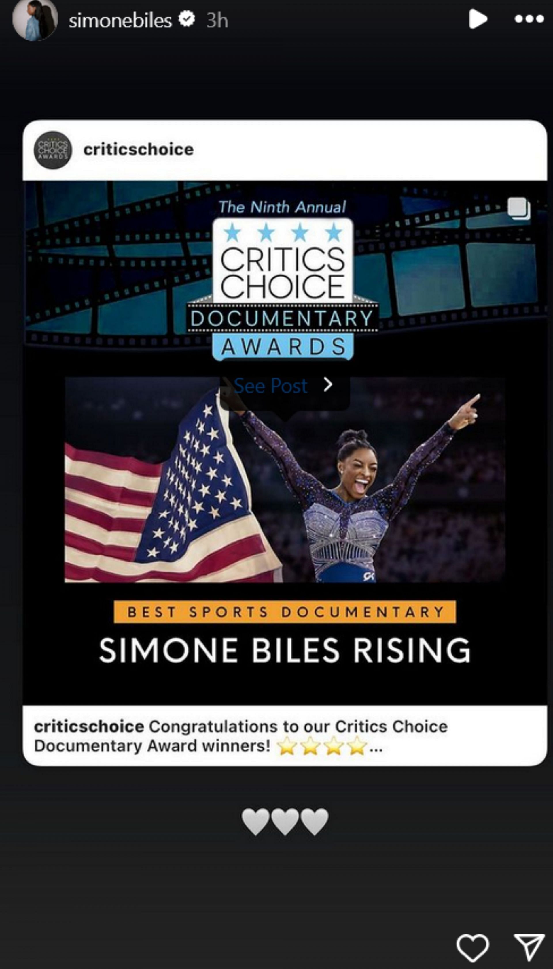 Screenshot of Biles&rsquo; Instagram story. Credits - IG/ Simone Biles