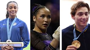 Paris Olympics and LSU Tigers gymnast Aleah Finnegan poses with Sha'Carri Richardson and Mondo Duplantis at LSU-Alabama NCAA fixture