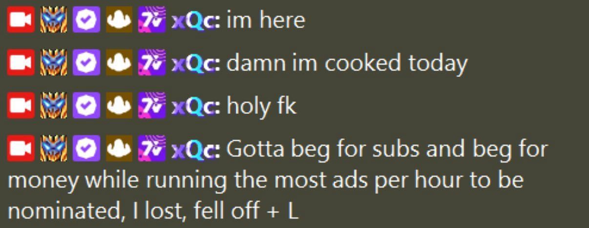 xQc&#039;s messages about The Streamer Awards 2024 nominations posted on the Twitch chat (Image via @scubaryan_/X)