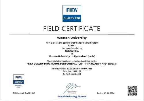 FIFA Quality Pro Certificate to Woxsen University