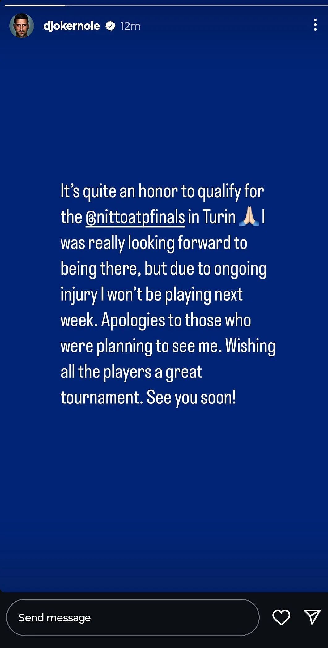 Djokovic shared an update in the ATP Finals - Image Source: Novak Djokovic Instagram