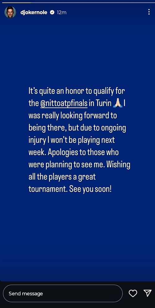 Djokovic shared an update in the ATP Finals - Image Source: Novak Djokovic Instagram