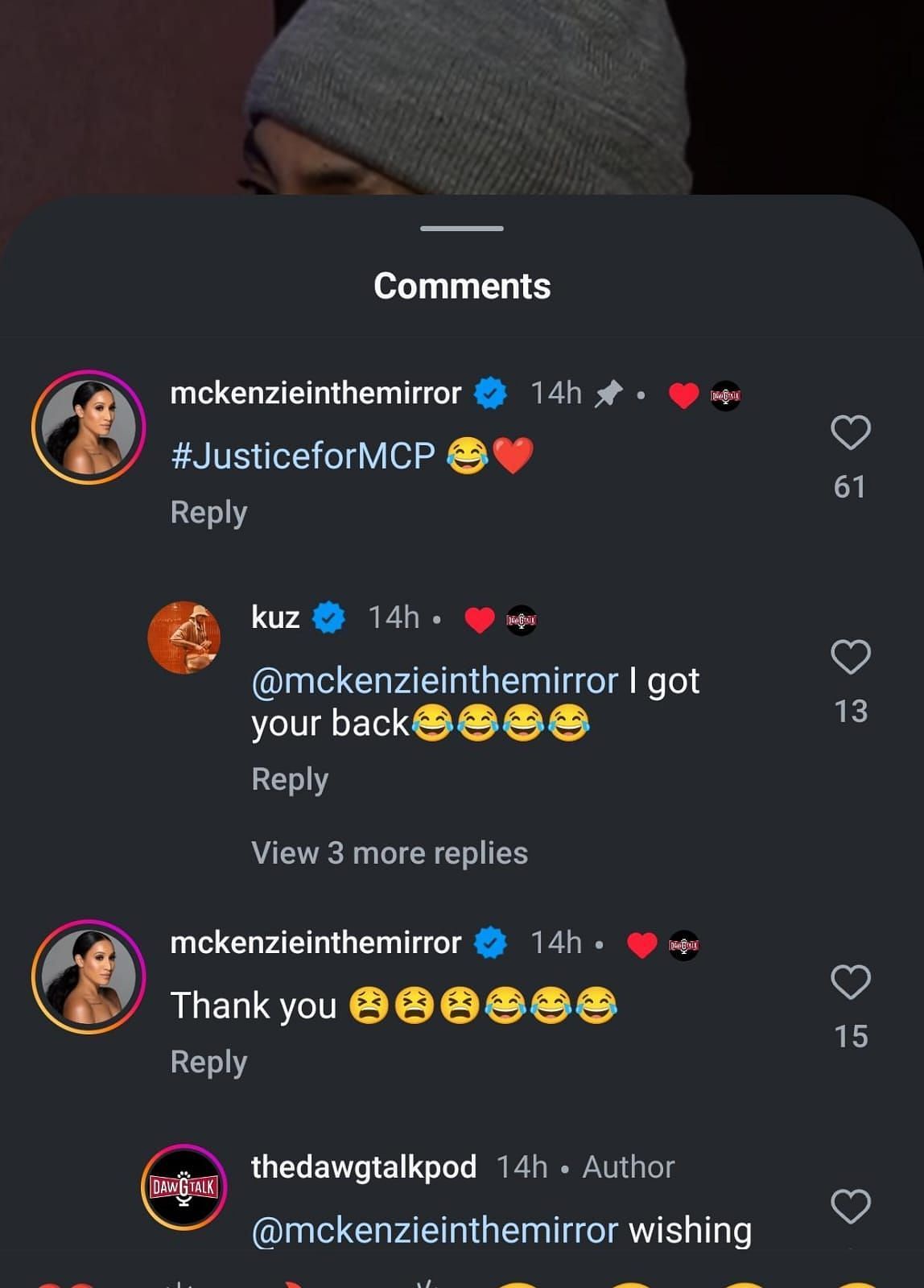 McKenzie and Kuzma had a chitchat in the comments section