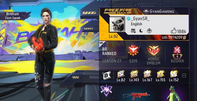 Gyan SR की Free Fire MAX ID, स्टैट्स और अन्य जानकारी