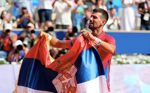 Novak Djokovic celebrates winning the Olympic gold medal in Paris - Source: Getty