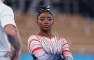 Biles before her beam balance performance on the eleventh day of the delayed 2021 Tokyo Olympics (Image via: Getty Images)