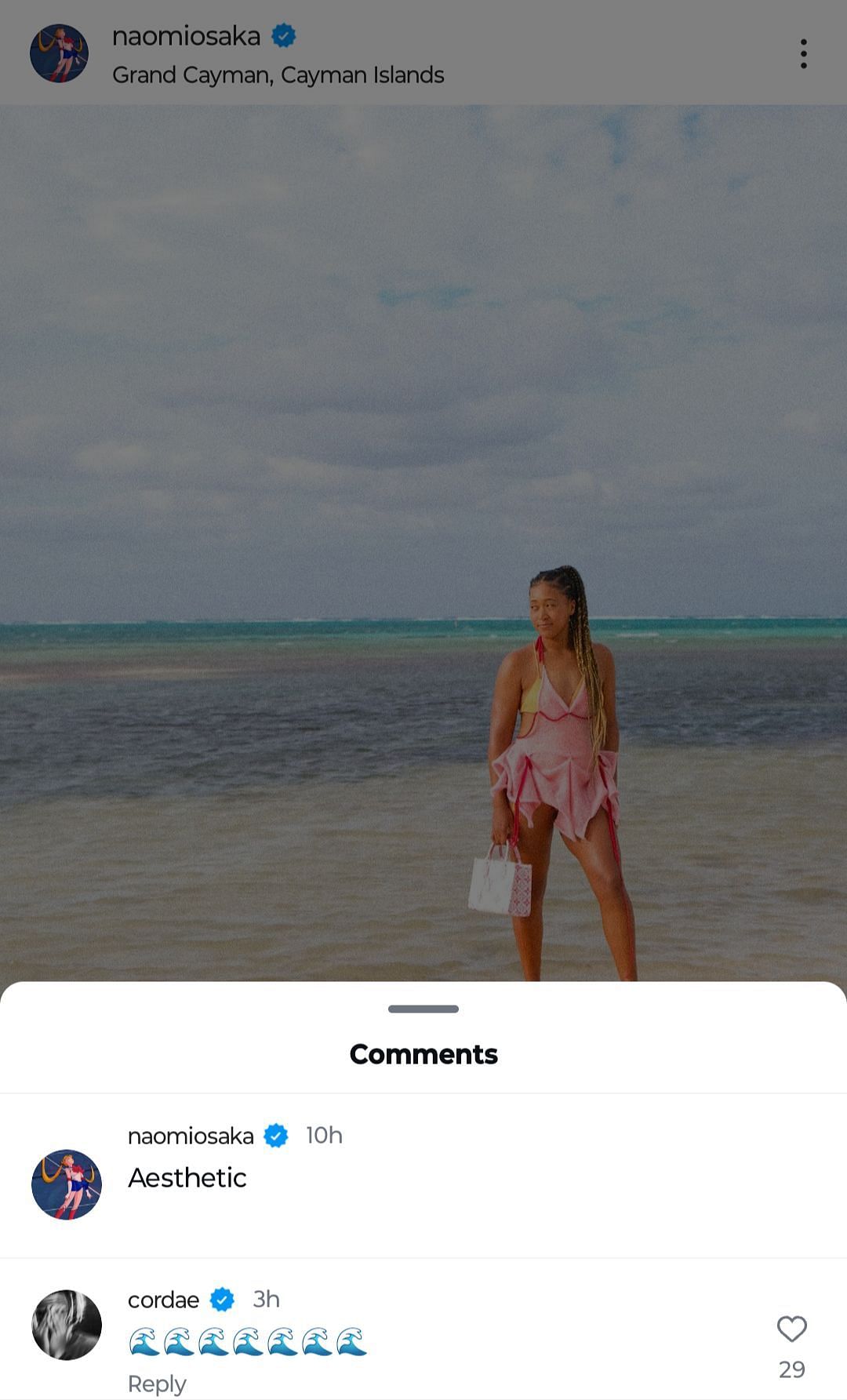 Cordae&#039;s comment on Naomi Osaka&#039;s Instagram post featuring her Cayman Islands photo shoot (Source: Instagram/Naomi Osaka)