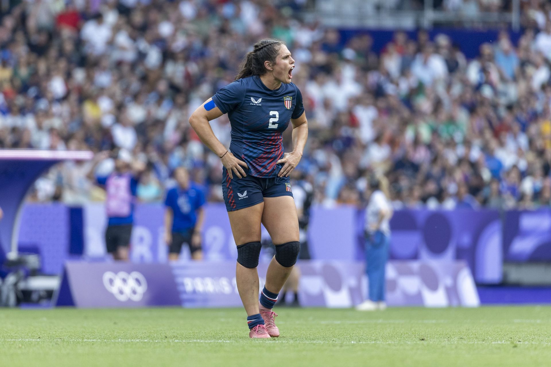 Maher competing for the United States Rugby Sevens team during the bronze medal match on the Day 4 of the Paris Olympics (Image via: Getty Images)