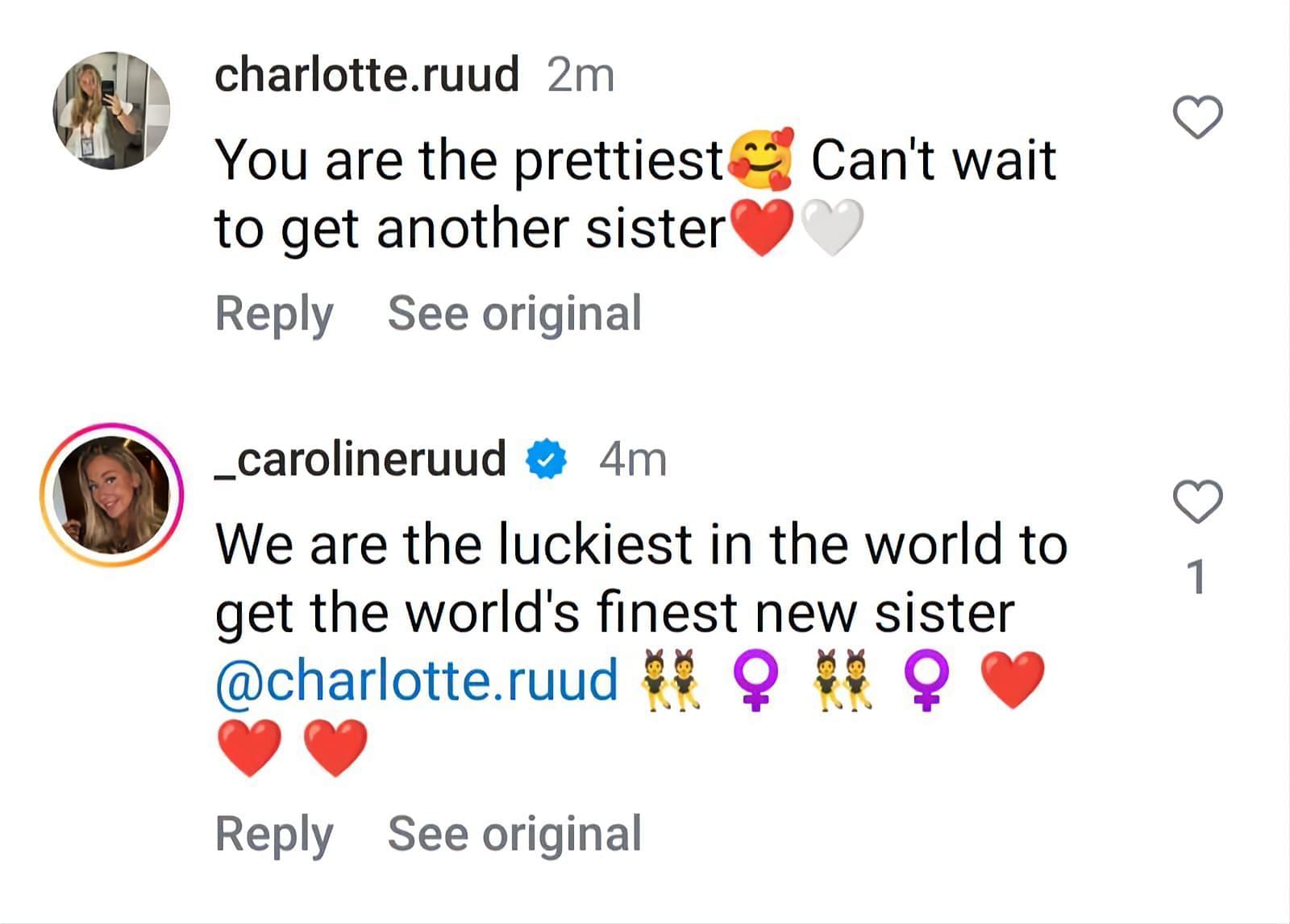 Caroline and Charlotte Ruud's comments on Maria Galligani's post - Source: @mariagalli on Instagram.