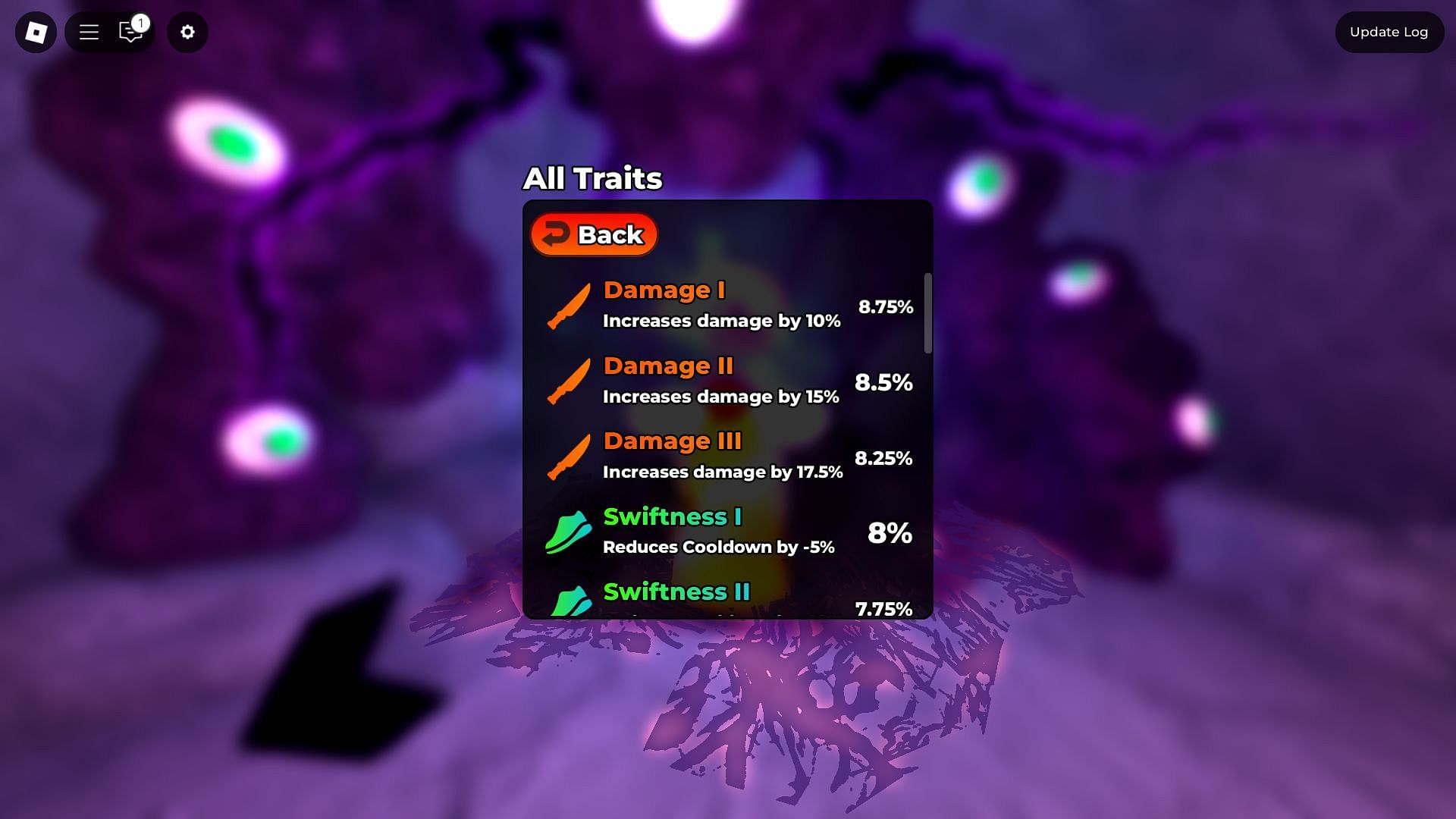 Traits and their pull rates (Image via Roblox)