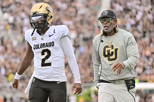 Shedeur Sanders, left, Deion Sanders, right during Colorado v UCF - Source: Getty