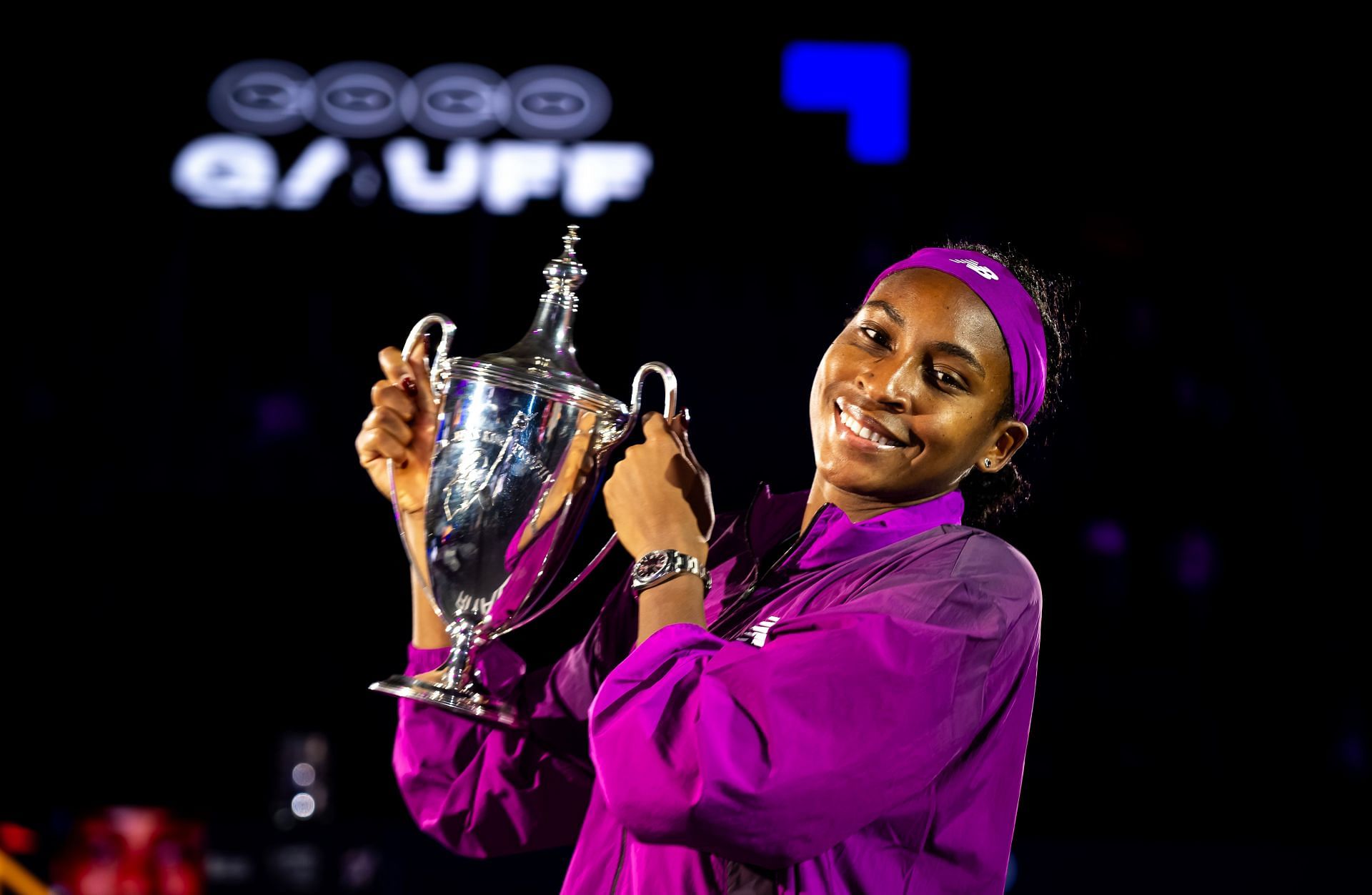 Coco Gauff with the WTA Finals trophy (Source: Getty)