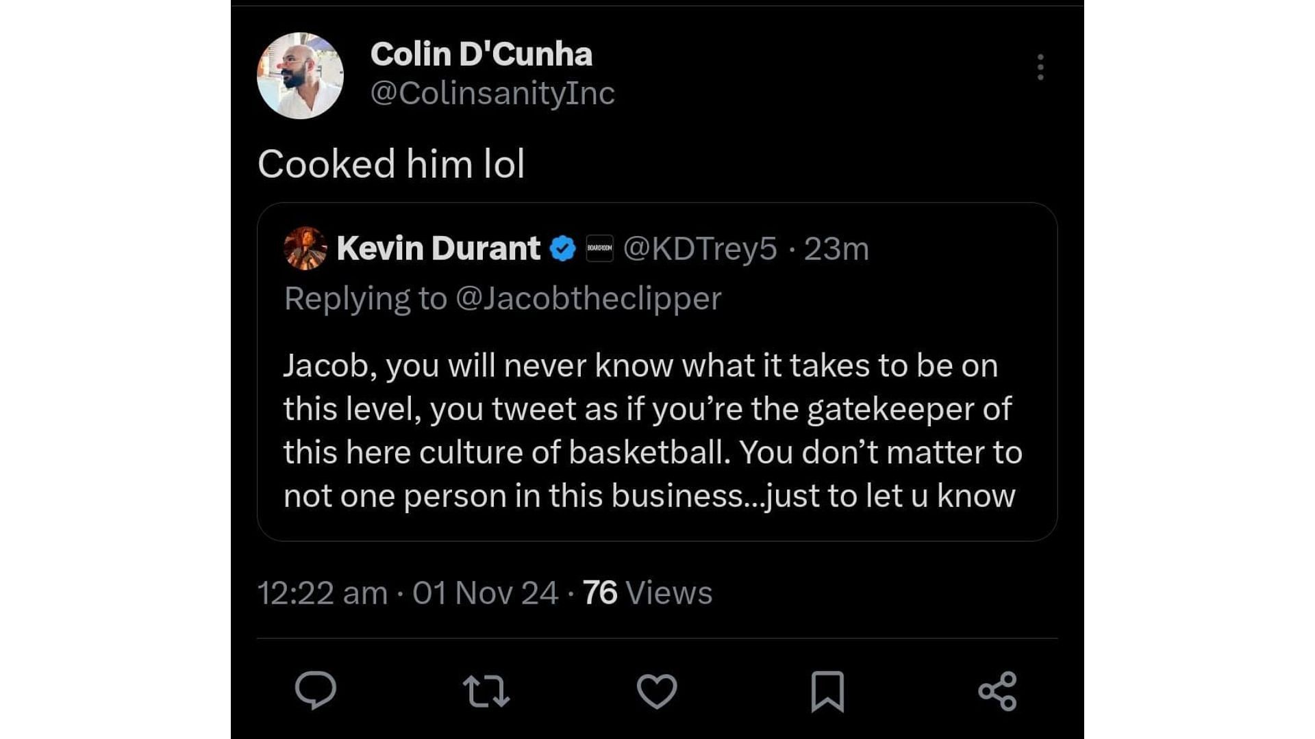 Kevin Durant calls out fan account on X. Photo Credit: Colin D&#039;Cunha&#039;s X account