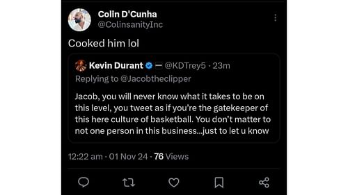 Kevin Durant calls out fan account on X. Photo Credit: Colin D'Cunha's X account