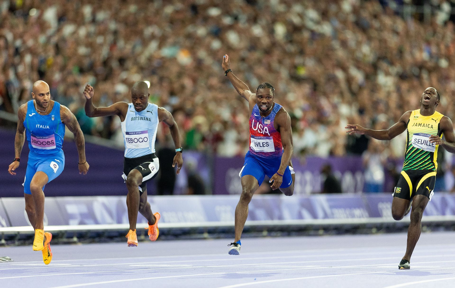 Men&#039;s 100m final at the Paris Olympic Games. (Photo by Simon Bruty/Anychance/Getty Images)