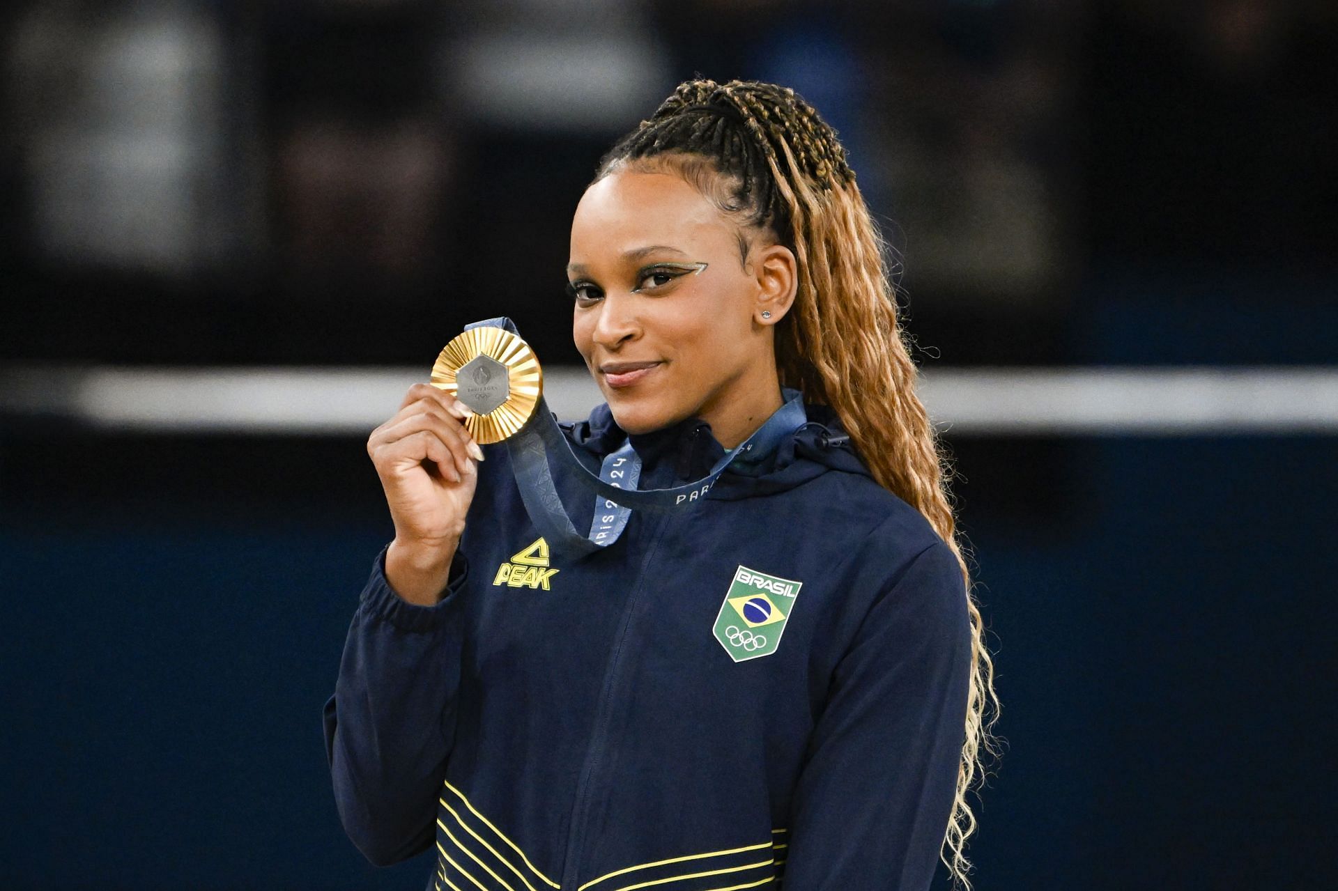 Rebeca Andrade with her gold medal on the 10th day of the 2024 Paris Olympics (Image via: Getty)