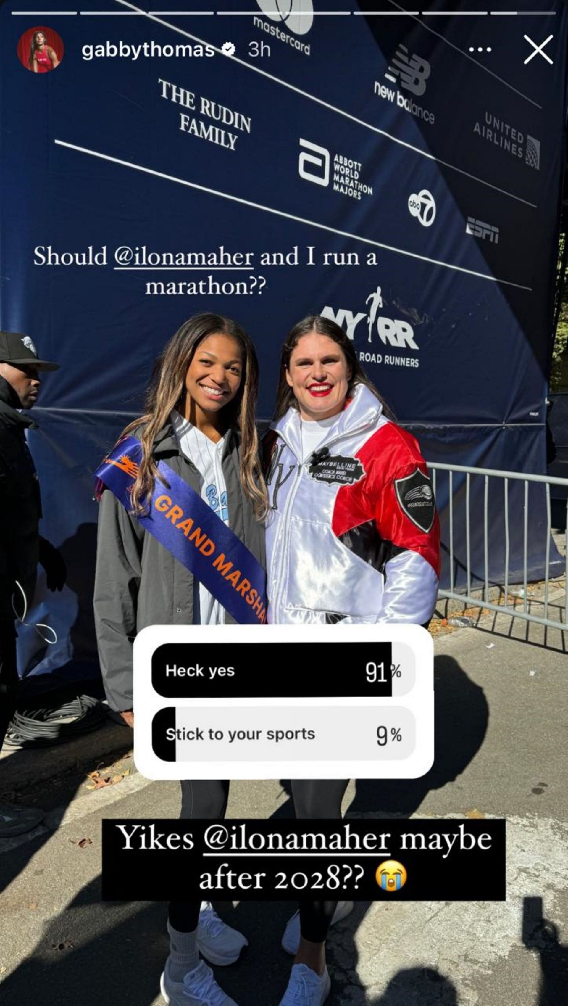 Ilona Maher and Gabby Thomas at the 2024 NYC Marathon; Instagram - @gabbythomas