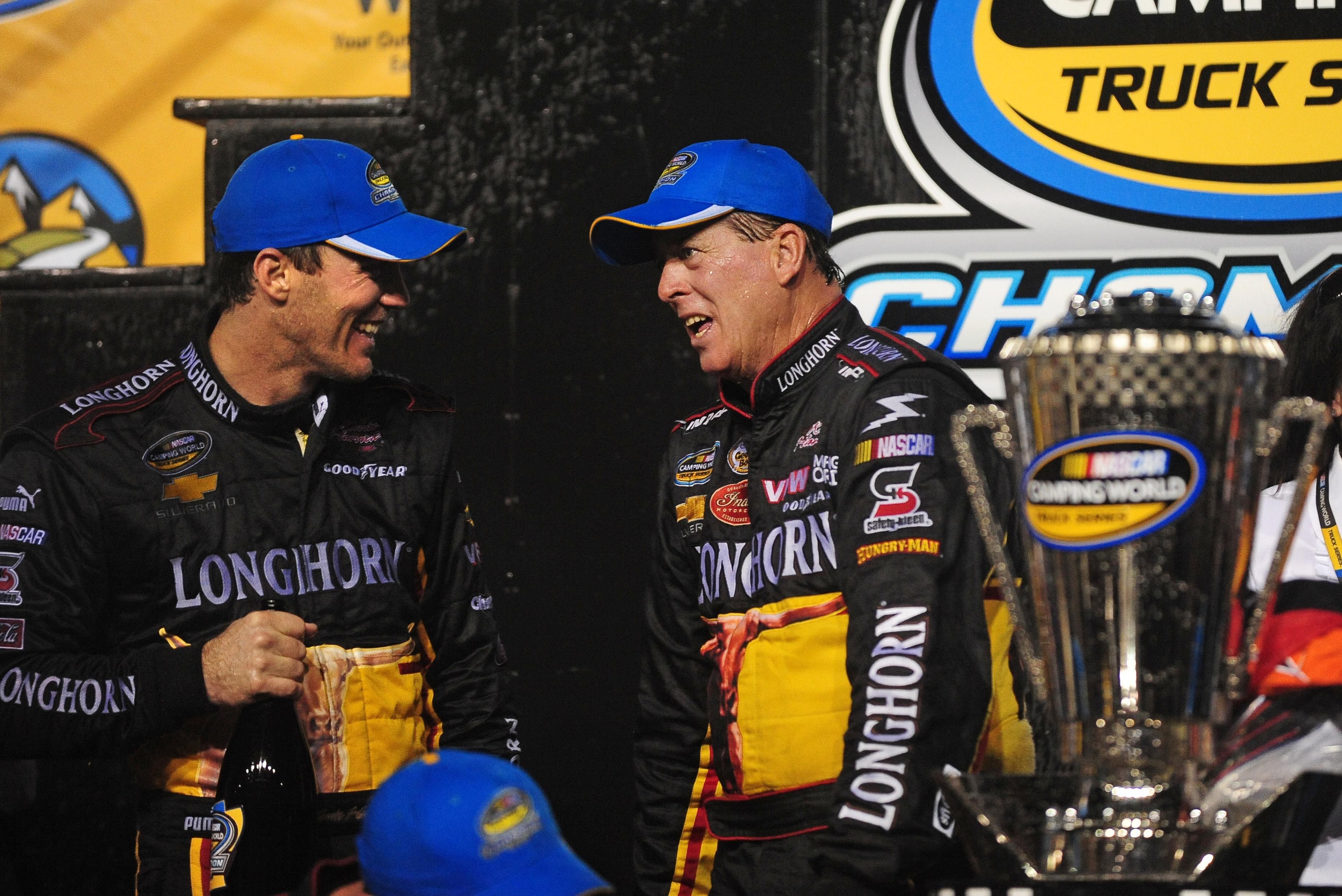 Kevin Harvick (left) with Ron Hornaday Jr. (right) after winning the 2009 Truck Series title - Source: Imagn