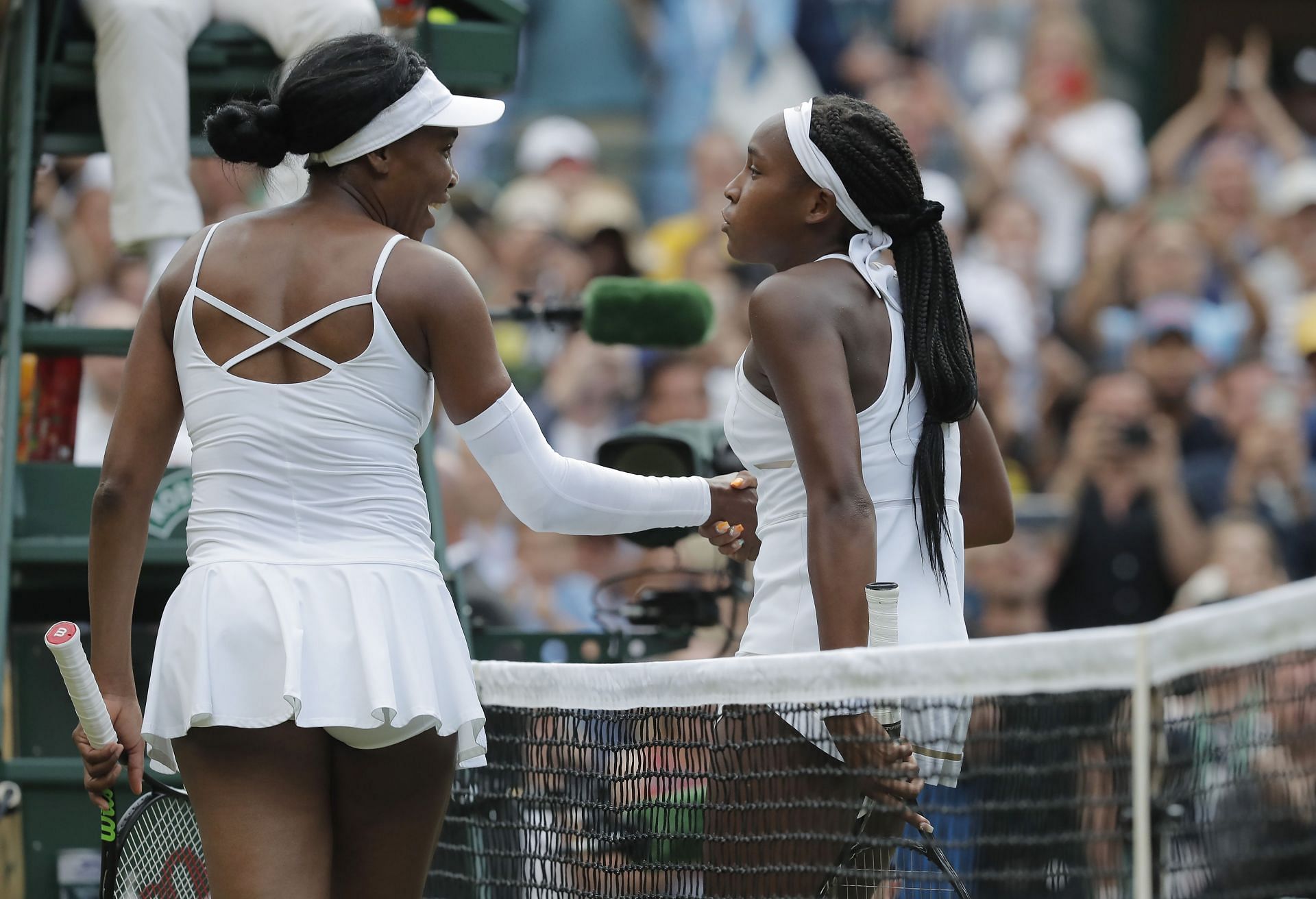 Venus Williams (L) and Coco Gauff (R) after their first-round match at the 2019 Wimbledon Championships (Source: Getty)