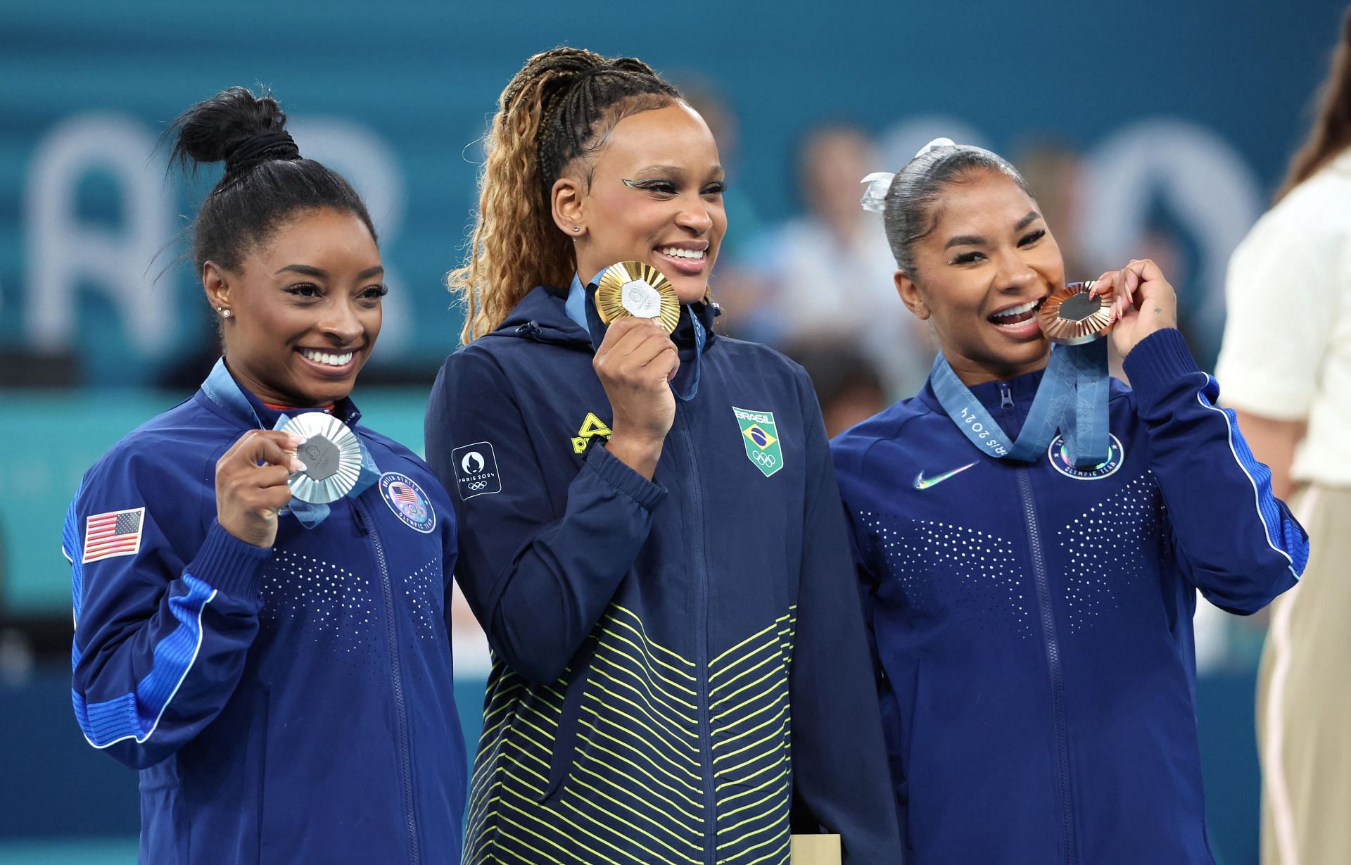 Jordan Chiles with Simone Biles and Rebeca Andrade at the Paris Olympics (Image Source: Getty)