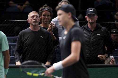 Boris Becker pictured cheering Holger Rune on at the 2023 Paris Masters - Image Source: Getty