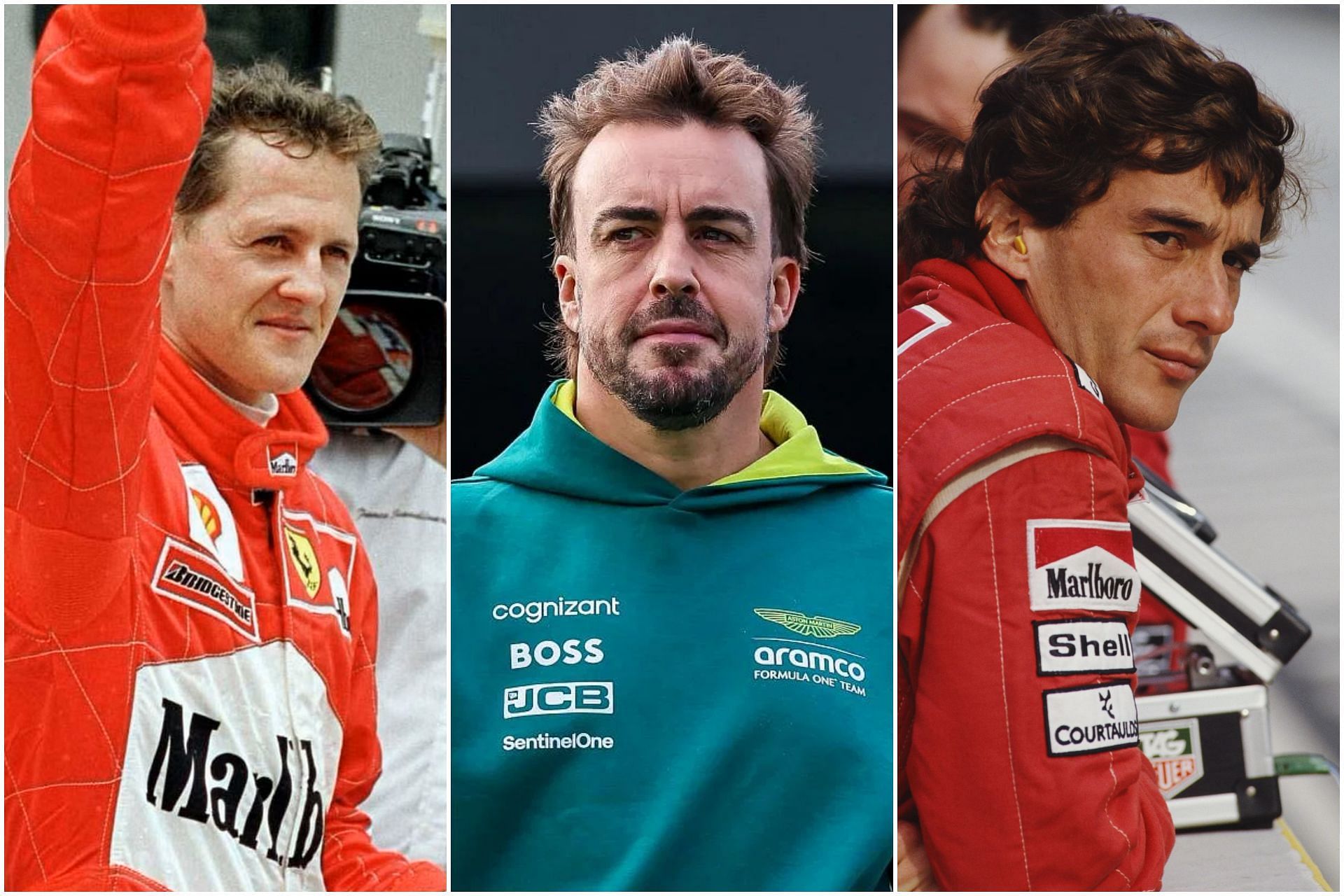 Michael Schumacher (L), Fernando Alonso (C), and Ayrton Senna (R) (Image via Getty)