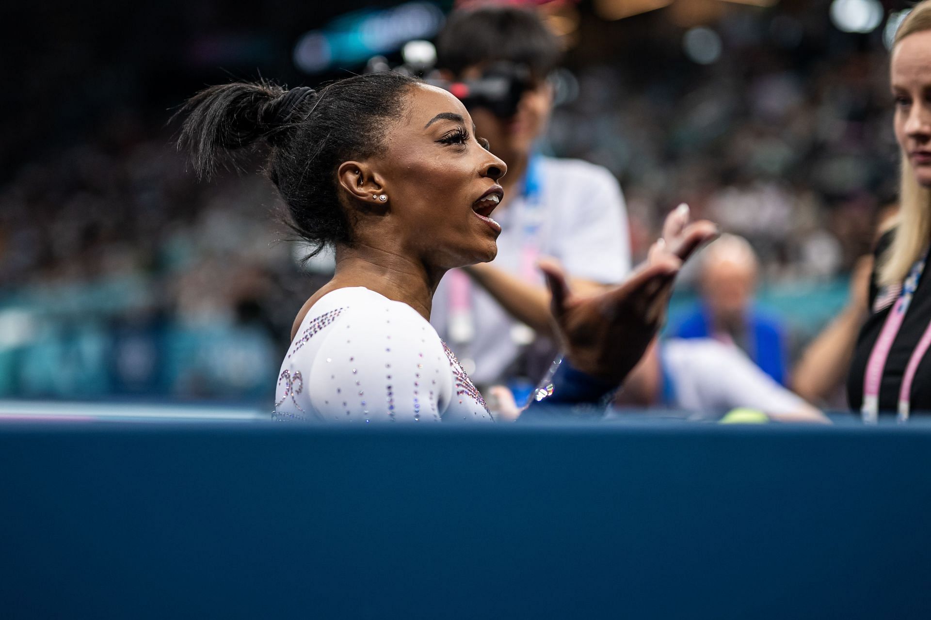 Simone Biles dejected during balance beam finals at the Olympic Games Paris 2024: (Source: Getty)