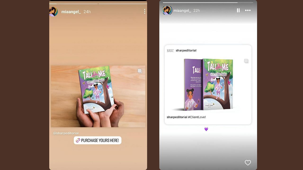 Mia Burke promotes her children's book on her IG story. (Credits: @miaangel_/Instagram)