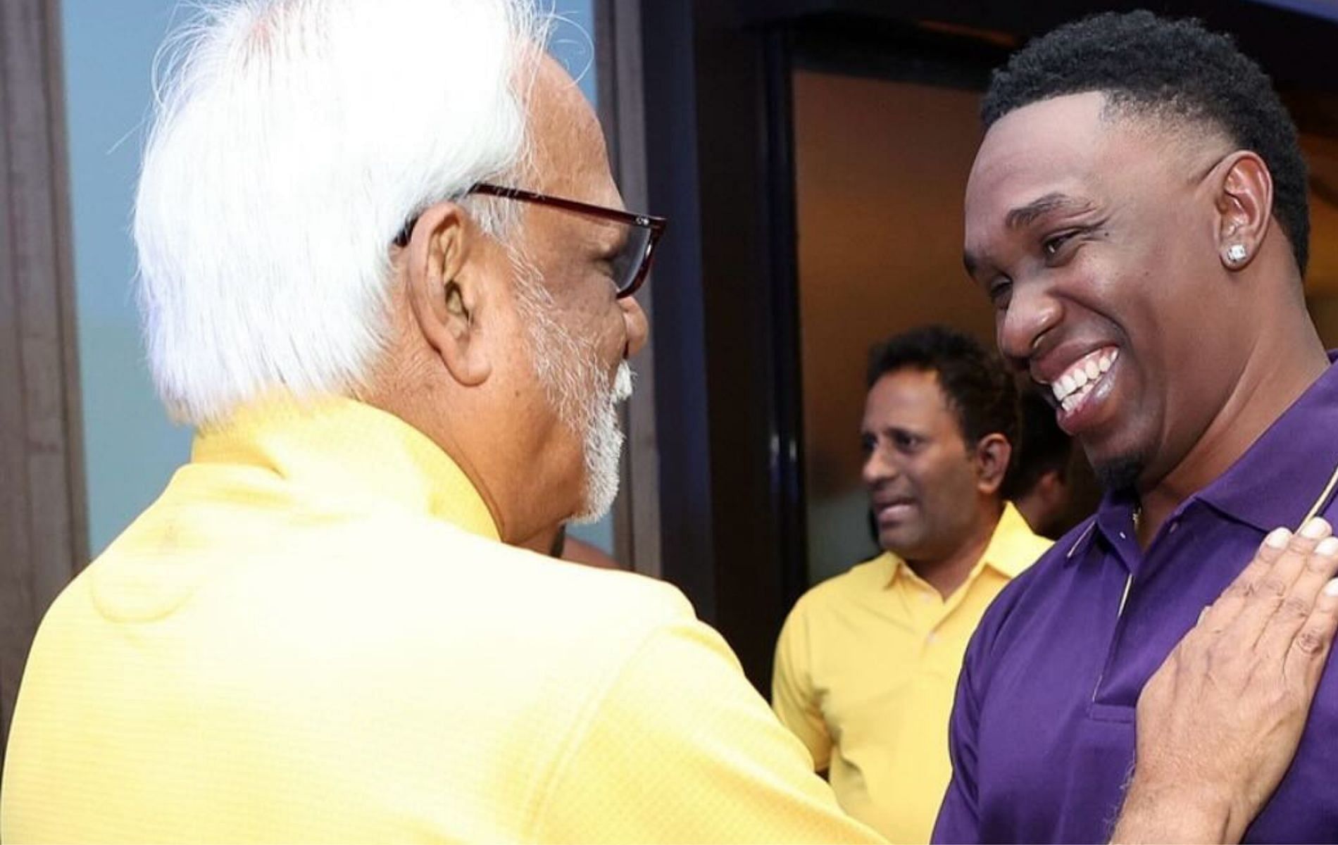 CSK CEO Kasi Viswanathan (L) with Dwayne Bravo. (Pic: Instagram/djbravo47)