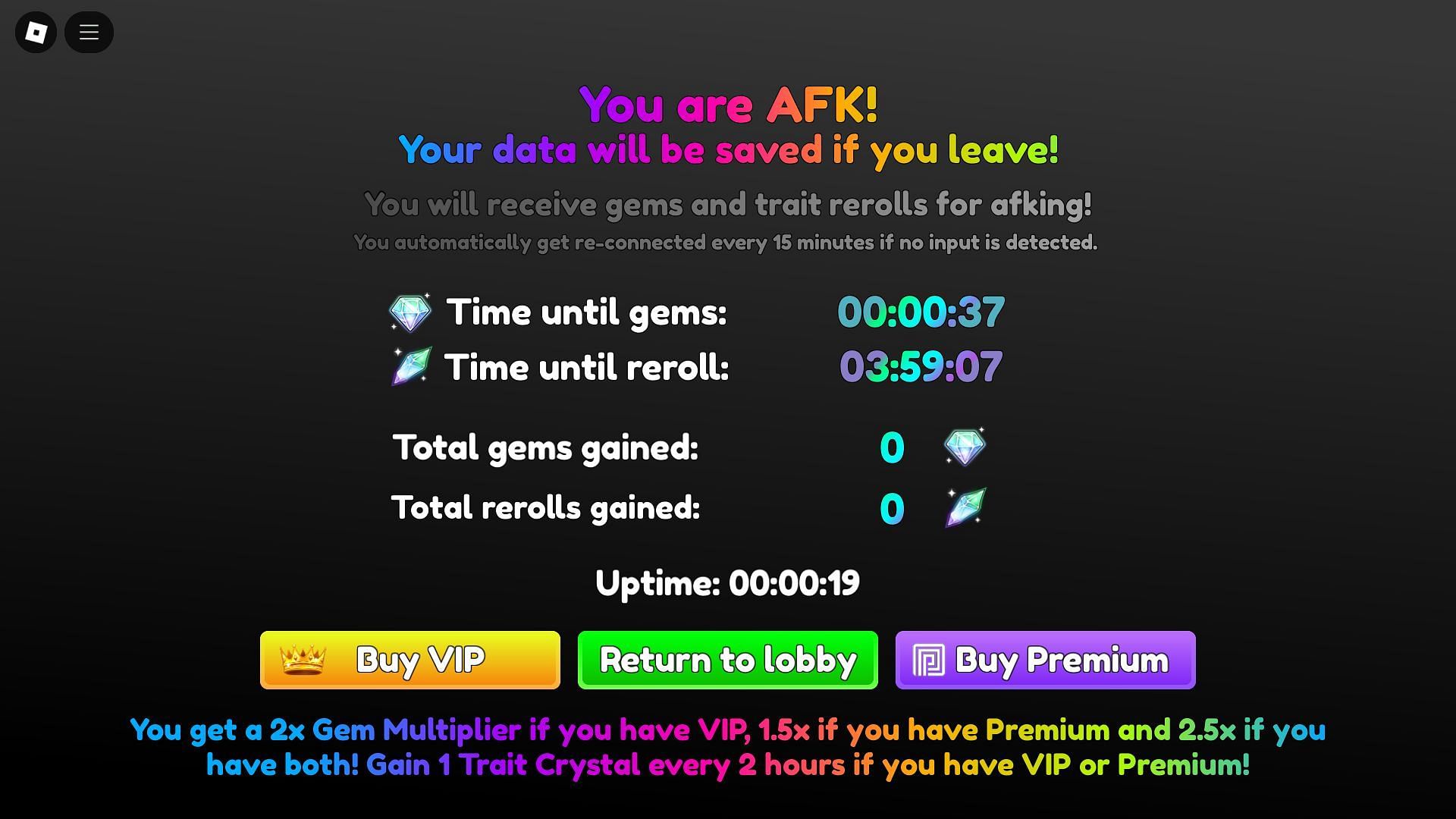 Go AFK to earn Gems without doing anything (Image via Roblox)